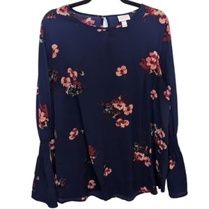 Isabel Maternity Navy Blue Blouse with Pink Floral Print & Bell Sleeves L 💐✨